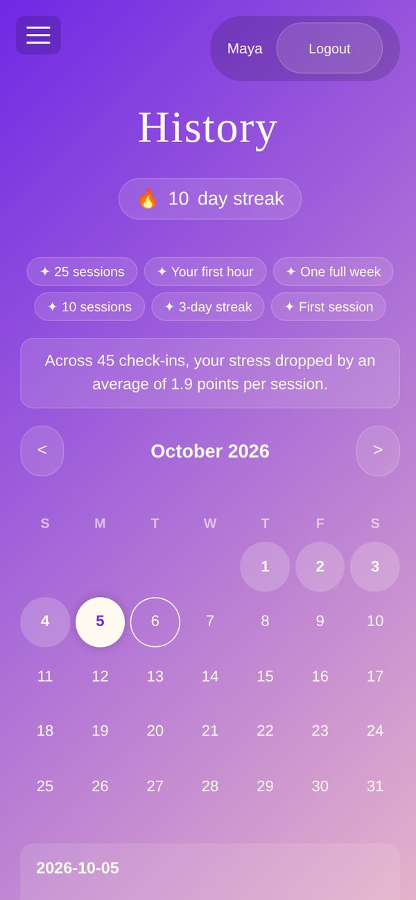 History screen with a 10-day streak, milestones, and a calendar of sessions