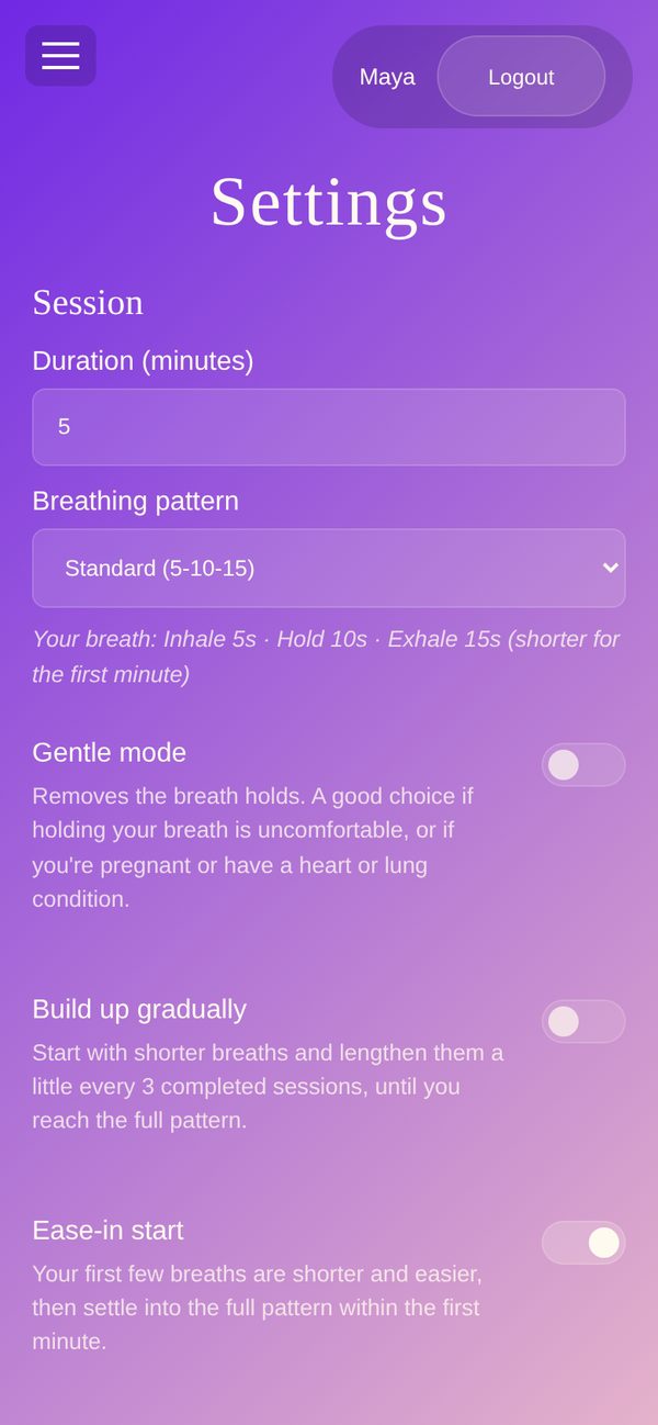 Settings screen with breathing pattern, Gentle mode, Build up gradually, and Ease-in start